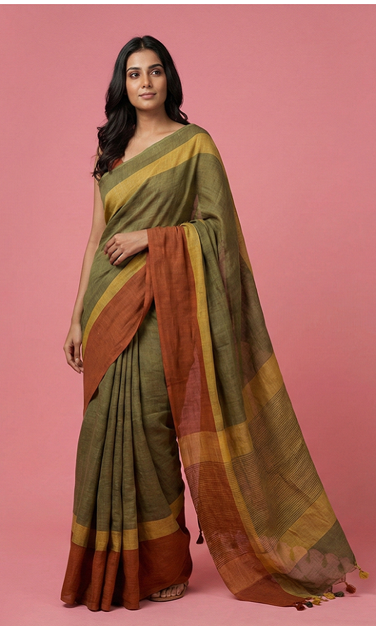 Handloom-Linen-Sarees-scaled Bagru handblock printed pure cotton mulmul sarees with blouse piece - Image 1